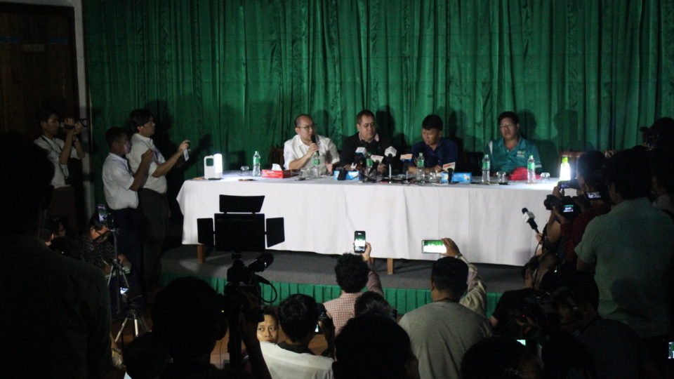 Htoo Group representatives speak at a press conference at the Yangon Zoological Gardens on October 19, 2017. 