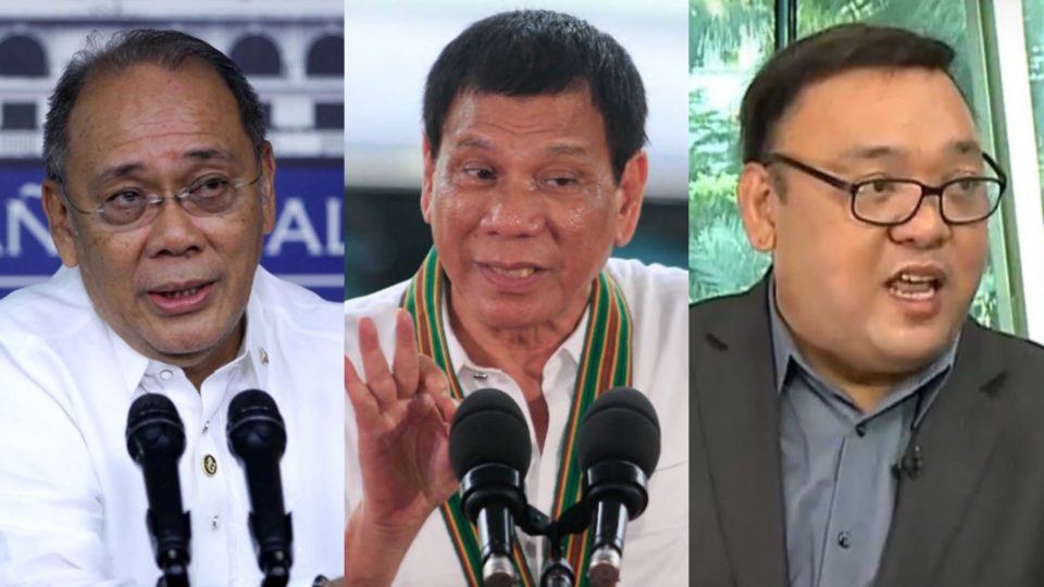 Outgoing presidential spokesman Ernesto Abella (left), President Rodrigo Duterte (center), former human rights lawyer Harry Roque (right) FILE PHOTOS: ABS-CBN News