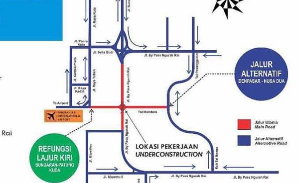A map socializing the alternative routes meant to take effect during the construction of the underpass at the Bali Airport. 