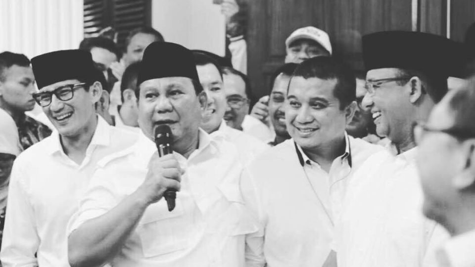 Prabowo Subianto speaking at victory celebration for Jakarta Governor-elect Anies Baswedan in April. Photo: @Prabowo / Instagram 