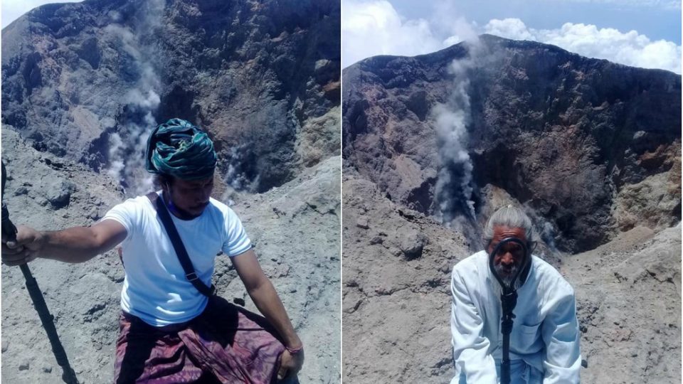 Mangku Mokoh and his uncle, Jro Mangku Kari atop Bali’s Mt. Agung. Photos via Facebook