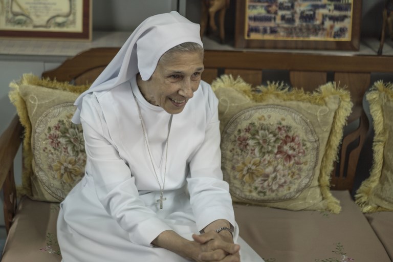 This photo taken on Nov. 22, 2017 shows 75-year-old Sister Ana Rosa Sivori, second cousin to Pope Francis, speaking during an interview with AFP in Nakhon Pathom. Photo: Reuben Easey/ AFP