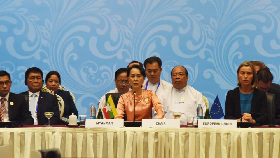 Aung San Suu Kyi sits beside Federica Mogherini, the EU High Representative for Foreign Affairs, at the Asia-Europe Foreign Ministers’ Meeting in Naypyidaw on November 20, 2017. Photo: Facebook / Office of the State Counsellor