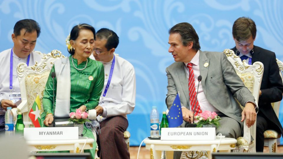 Aung San Suu Kyi appears at the Asia-Europe Foreign Ministers’ Meeting in Naypyidaw on November 21, 2017. Photo: Facebook / Myanmar State Counsellor Office