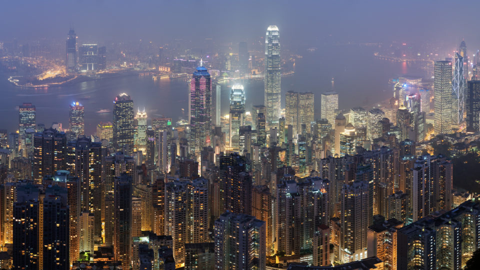 Panoramic view of the Hong Kong skyline taken from a path around Victoria Peak