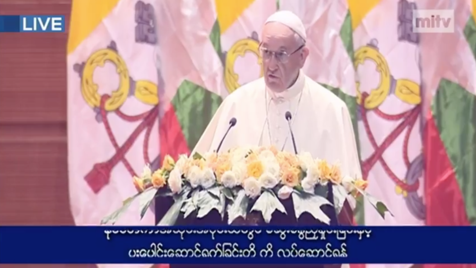 Pope Francis delivers a “message of peace” in Naypyidaw on November 28, 2017.