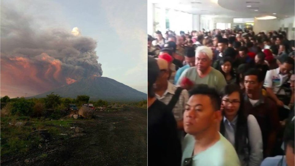 Left: Agung erupting, as seen on Nov. 26, 2017. Photo: BNPB. Right: Crowds amass at Bali’s airport amidst a shutdown. Photo via Info Denpasar. 