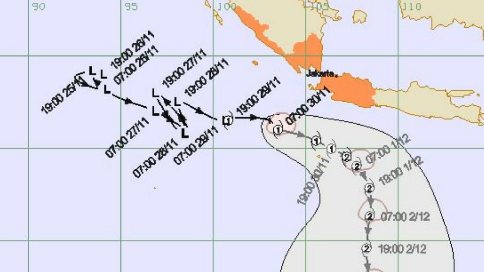 Handout from Indonesia’s Meteorological, Climatological, and Geophysical Agency (BMKG) showing the predicted trajectory of tropical cyclone Dahlia.