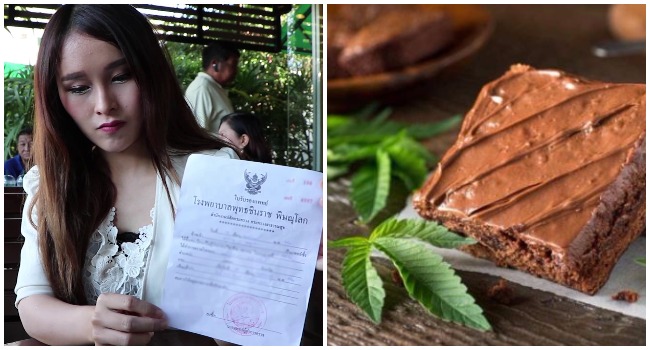 Thitiporn, left, on Amarin TV with the doctor’s letter stating she tested positive for pot and a marijuana and brownie mockup that was posted on Facebook, right. 