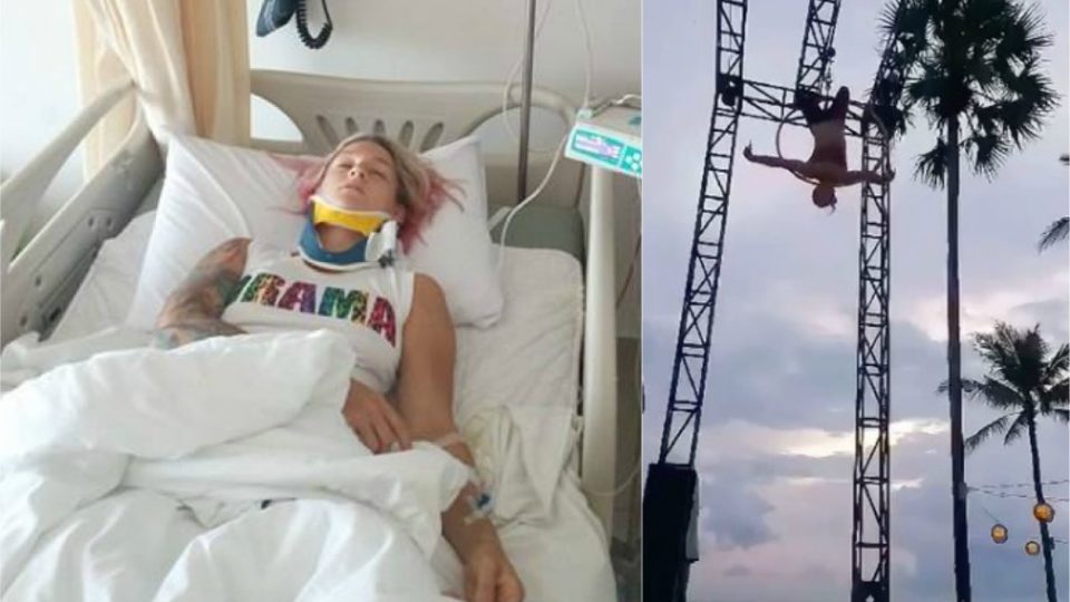 Left: Sam Panda lies in a hospital bed in Bali (GoFundMe). Right: The aerial acrobat performs a stunt in Canggu, moments before her equipment fails (still from Vimeo).