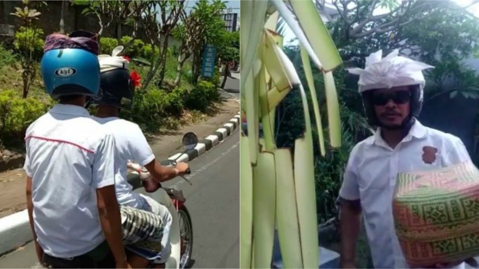 The latest trend sweeping the island: udeng over helm. Left: Instagram/@nesakualit. Right: Facebook/Bobby Alcoholicrider
