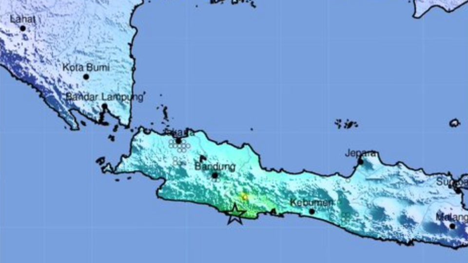 The shake map after the 6.5 magnitude earthquake in Indonesia. Screengrab from USGS website