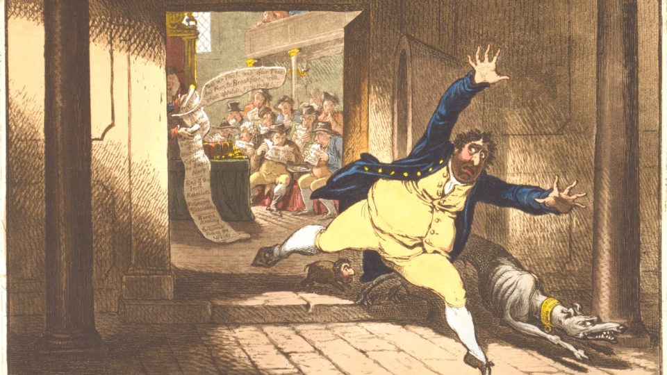The inconspicuous exit of Charles Fox fleeing the House of Commons on account of his own mischief, artistically captured by James Gillray