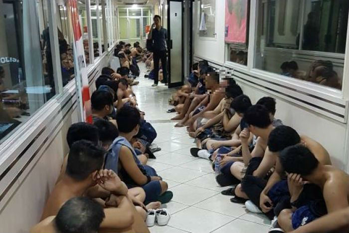 Some of the 141 men detained during a raid on a building housing a sauna and a gym in North Jakarta in May. Photo: Humas Polda Metro Jaya