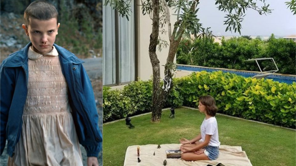 A ‘before and after’ of traveling to Bali. Left: Brown as Eleven in Stranger Things. Right: Brown gets zen AF in Bali.