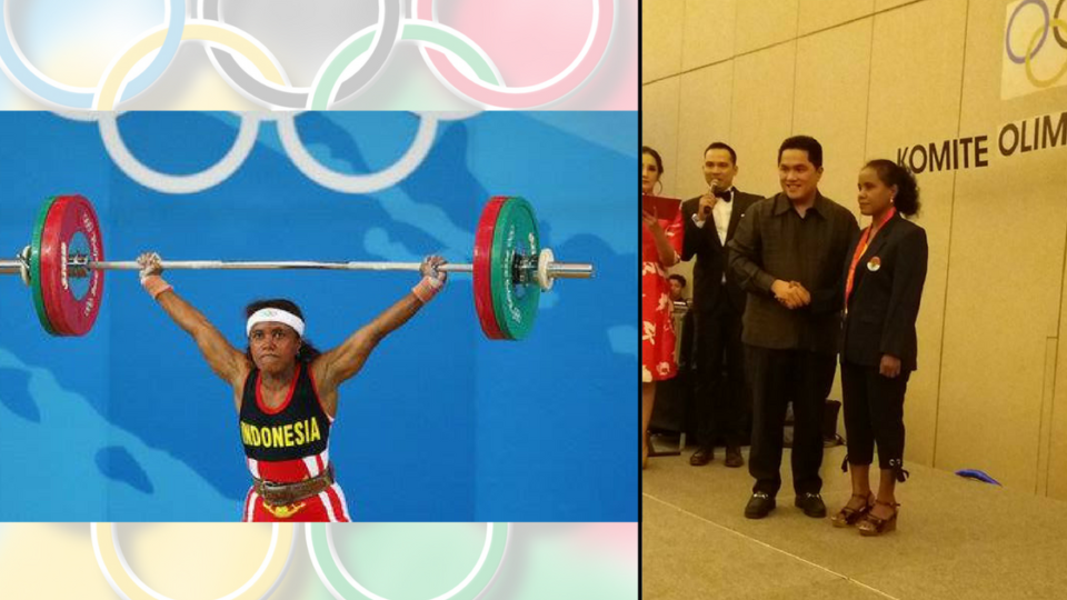 L: Raema Lisa Rumbewas competing at the 2008 Olympics; R: Lisa being retroactively awarded the bronze medal for her performance at the 2008 Olympics at a ceremony in Jakarta on December 3, 2017. 