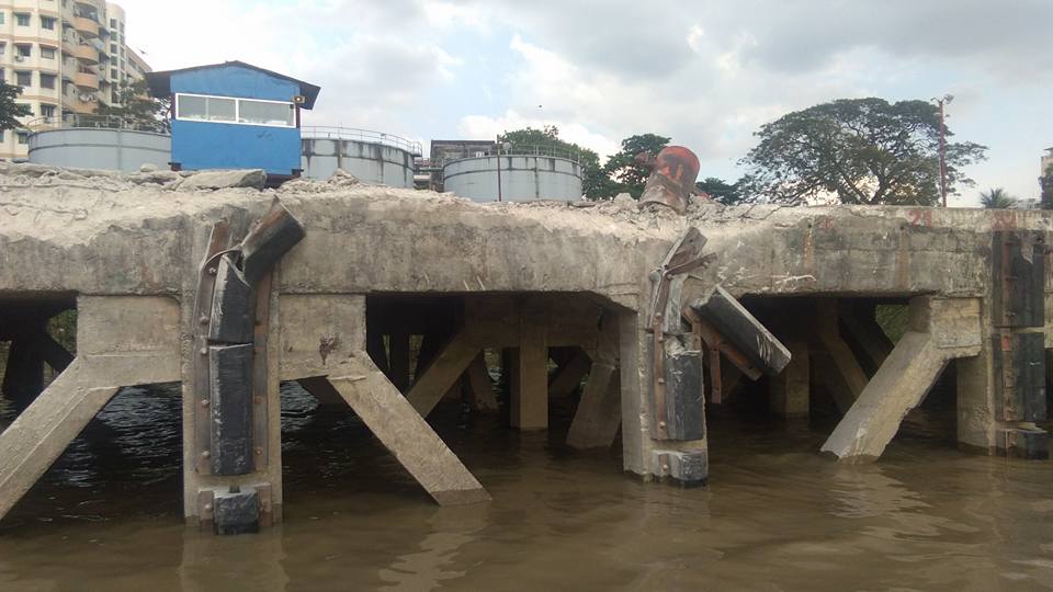 The damage to the Naing Group Jetty after it was hit by an oil tanker. Photo: Facebook / ထက္ခိုင္