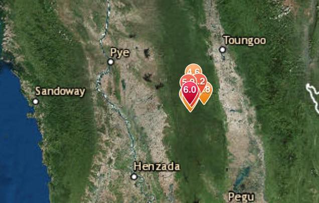 Several earthquakes hit the same spot just outside Phyu on Jan. 12. Photo: Myanmar Earthquake Committee