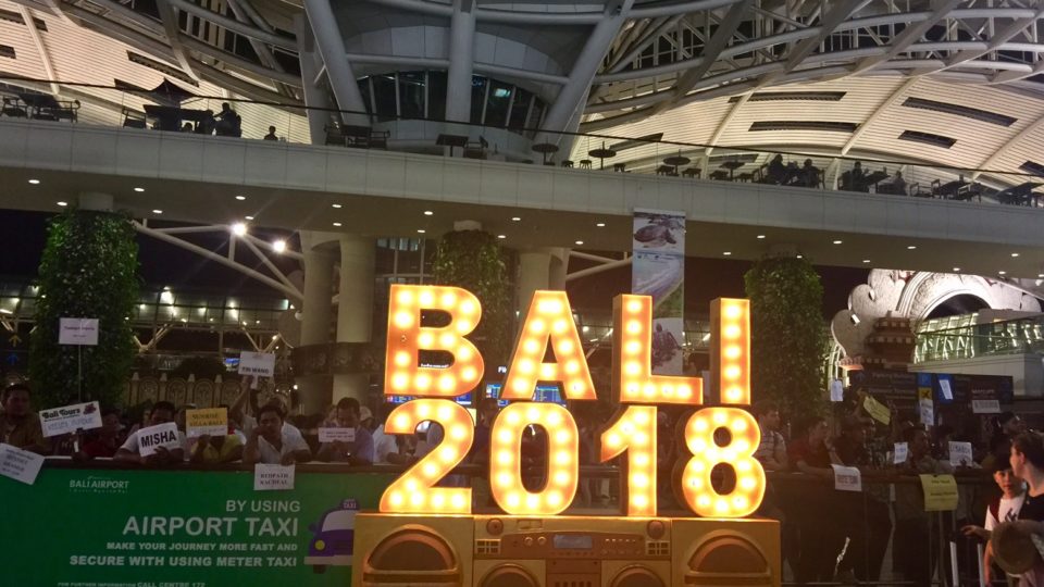 A sign set up to greet travelers at Ngurah Rai Airport’s international arrivals hall. Photo: Coconuts Bali