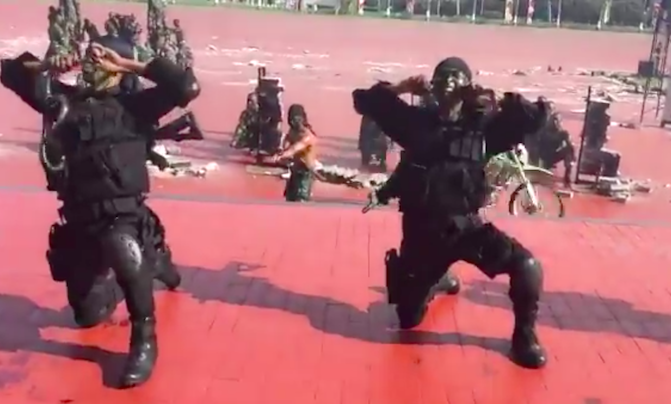 Screengrab from a video showing Indonesian special forces killing king cobras with their hands (and teeth) during a military demonstration on January 24, 2018. Photo: Twitter/@PDShinkman