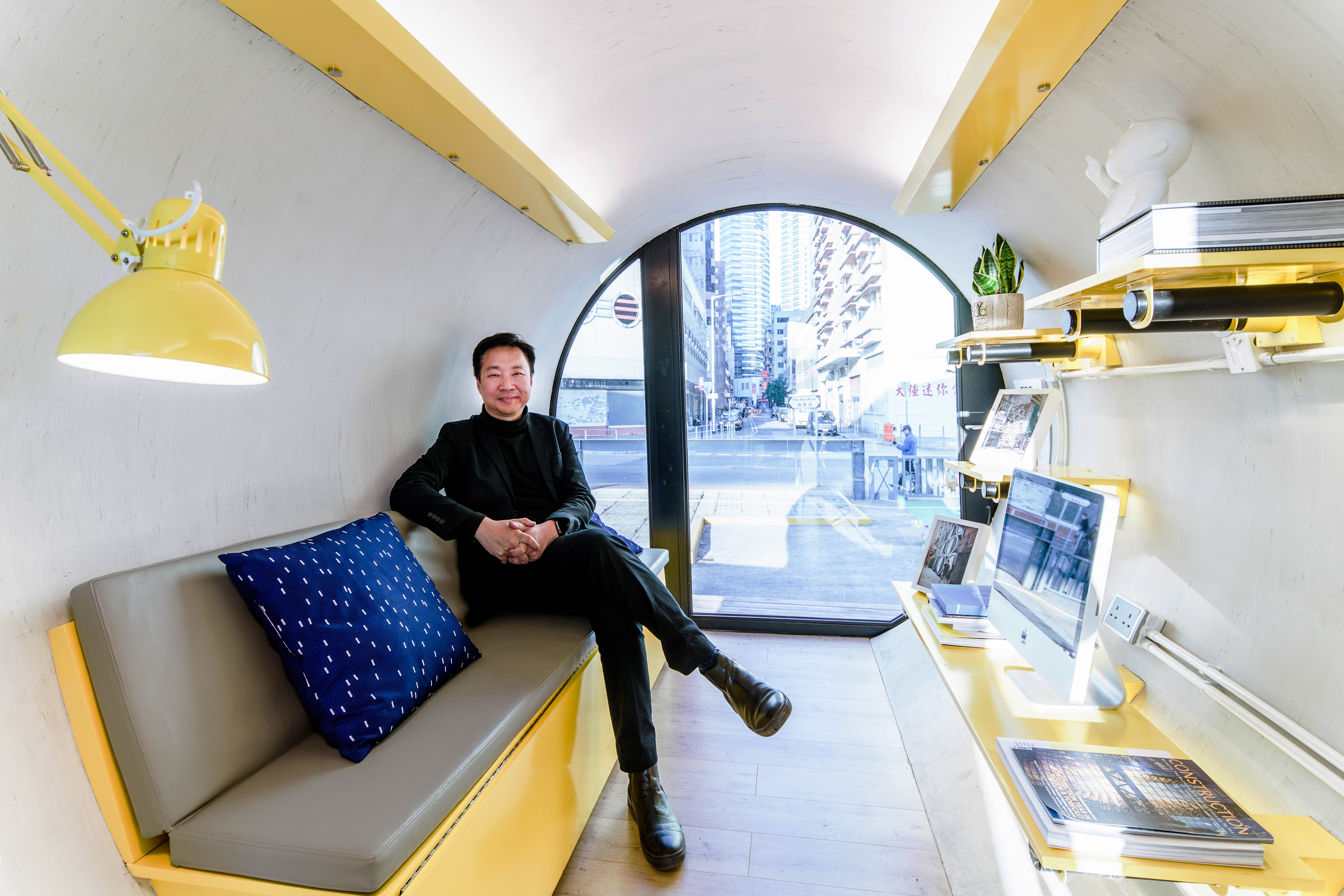 James Law, founder of James Law Cybertecture, sits in the OPod, which he designed as a possible solution for HK’s housing crisis