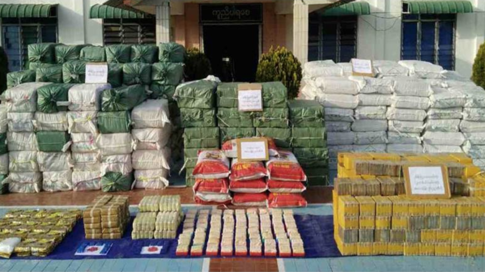 Yaba, “ice”, and heroin confiscated by Myanmar police in a record drug bust in Kutkai, Shan State, on Jan. 18, 2018.