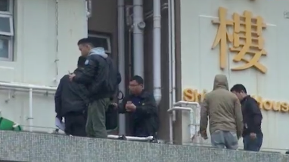 Police officers at the scene outside a Tseung Kwan O housing estate where a woman was arrested on suspicion of throwing her dog out of a window. Screengrab via Apple Daily video.