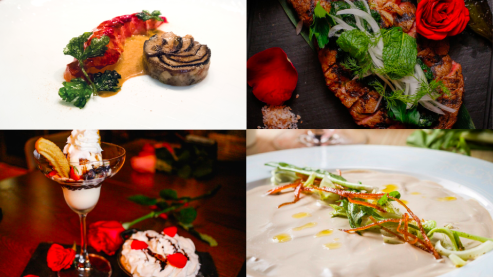 (Clockwise from top left) poached blue lobster served with mixed Japanese mushrooms and barigoule from Takumi by Daisuke Mori; Tequila USDA Ribeye from Los Sotano; Churros Ice Cream Sundae from Cali-Mex; and Vitello Tonnato topped with capers, orange and Puntarelle chicory from Operetta. 