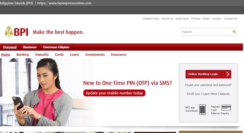 Screengrab of real BPI online banking URL 