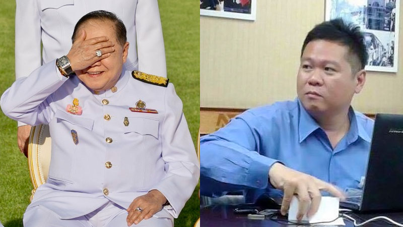 Left: Deputy Prime Minister Prawit Wongsuwan covers his eyes, displaying a watch he is wearing, during a photo call with other members of a new cabinet in Bangkok. Photo: Krit Phromsakla Na Sakolnakorn/ AFP. Right: A File photo of Arnond Sakworawich, who recently became a chief pollster at the National Institute of Development Administration. Photo: Facebook