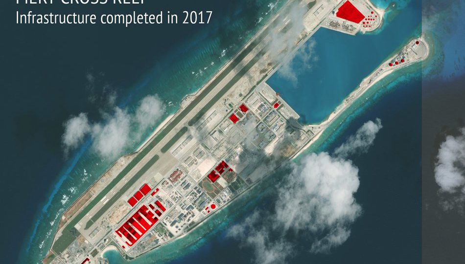 Fiery Cross saw the most construction over the course of 2017, with work on buildings covering 27 acres, or about 110,000 square meters. Image by CSIS Asia Maritime Transparency Initiative/DigitalGlobe
