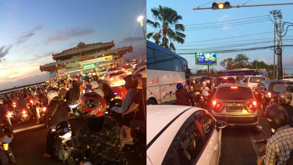 Traffic on Feb. 19, 2018. Left: Even the toll has had a crazy lineup during CNY holiday traffic. Right: Things were backed up all the way from the airport roundabout to the Udayana intersection. Best go right to the toll! Photos: Coconuts Bali