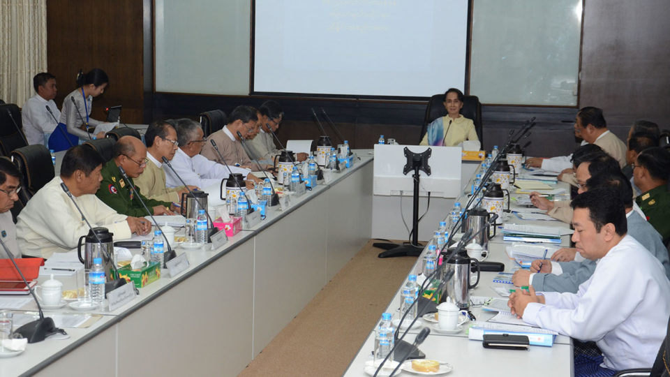 Myanmar State Counsellor Aung San Suu Kyi tells ministers and other officials to revisit the government’s policies on moving foreign embassies from Yangon to Naypyidaw. Photo: MOI