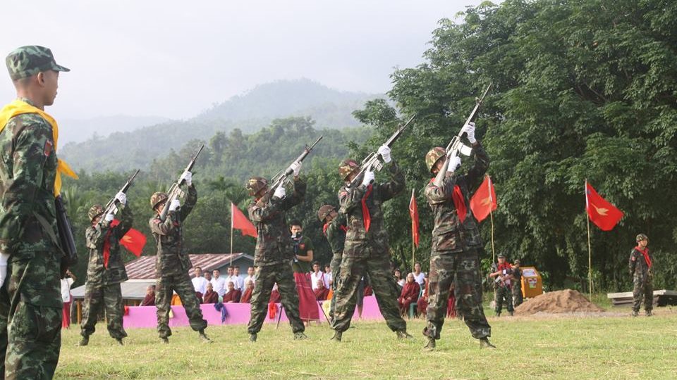 Soldiers from the New Mon State Party participate in a firing drill. Photo: DVB
