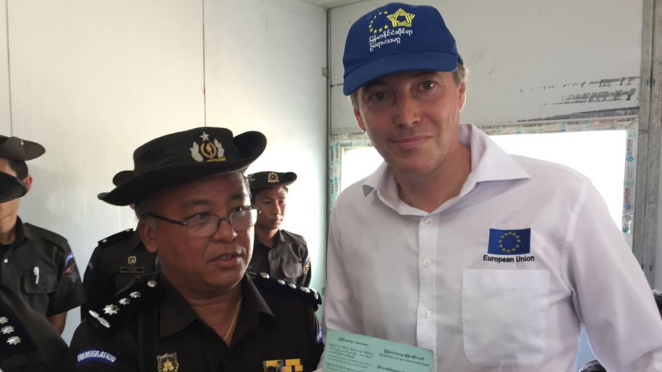 EU ambassador to Myanmar Kristian Schmidt poses with an immigration officer in Rakhine State on Feb. 9, 2018. Photo: Twitter
