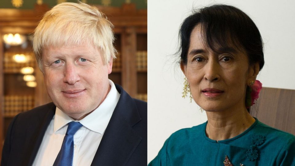 UK’s Boris Johnson and Myanmar’s Aung San Suu Kyi. Photos: Wikimedia Commons