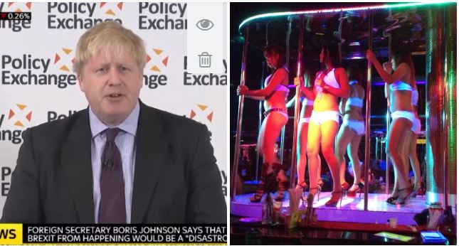 Screenshot of Johnson’s speech from Skynews, left, and previously published Coconuts photo of bargirls, right.