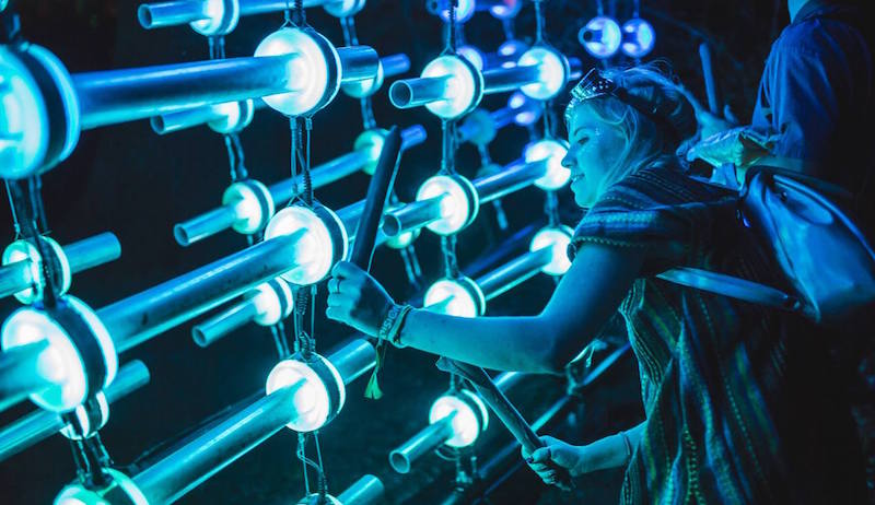 Illumaphonium by Michael Davis is an interactive musical sculpture with chime bars that respond to touch with changing patterns of light and sound. Photo: Noisily Festival 2017
