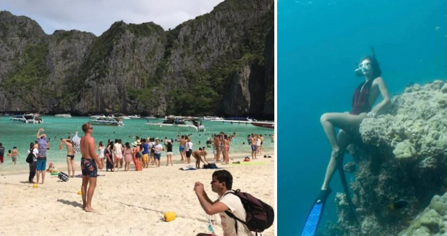 A viral photo of overcrowded Maya Bay, left, and one of the bloggers that posed on coral, right.