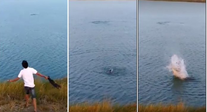 Video screengrabs from liveleak.com showing a young Indonesian man tossing a live puppy into a crocodile-infested river.