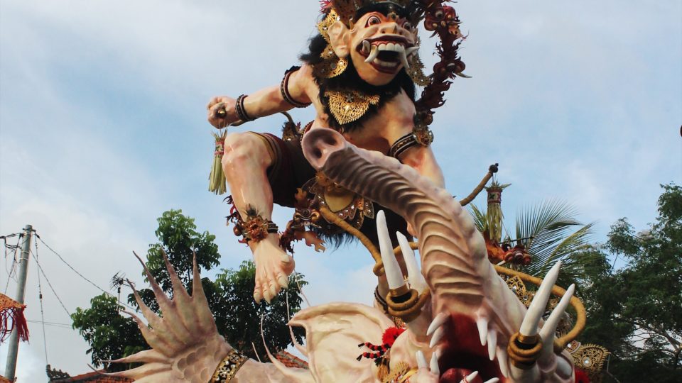 Ogoh-ogoh statues made by different neighborhoods in South Bali’s Pecatu are lined up before the big parade on March 16, 2018. Photo: Jan Glenn/Coconuts Bali