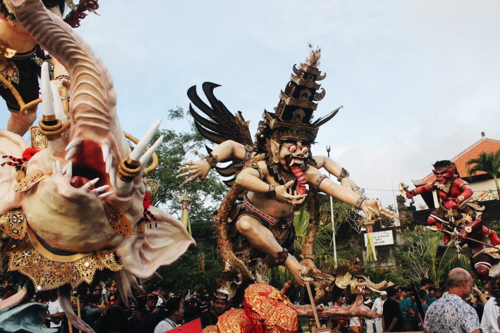 Ogoh-ogoh statues made by different neighborhoods in South Bali’s Pecatu are lined up before the big parade on March 16, 2018. Photo: Jan Glenn/Coconuts Bali