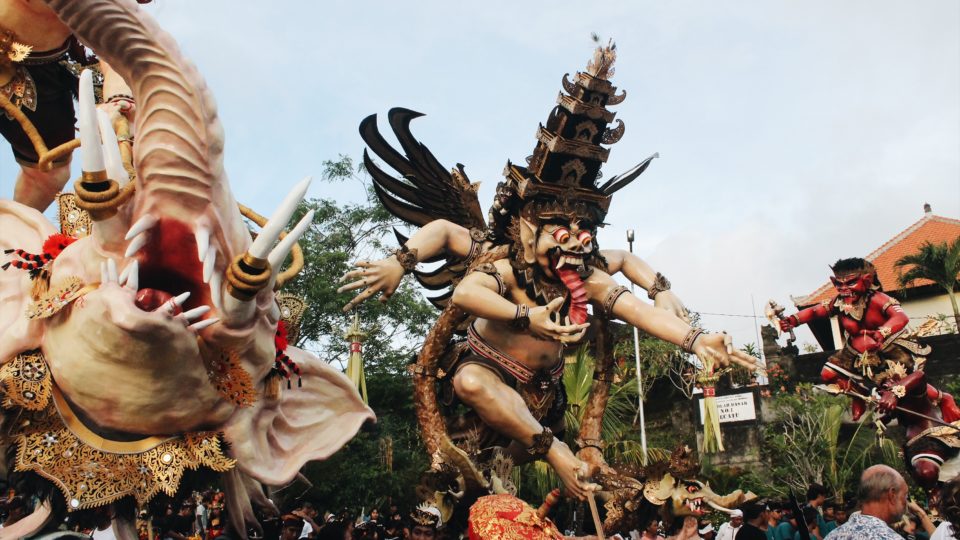 Ogoh-ogoh statues made by different neighborhoods in South Bali’s Pecatu are lined up before the big parade on March 16, 2018. Photo: Jan Glenn/Coconuts Bali