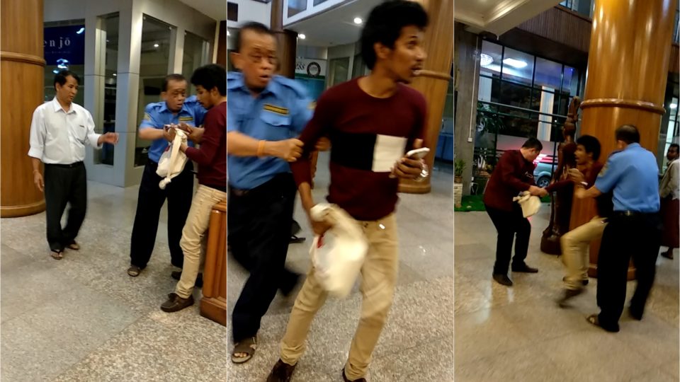 Stills from a bystander’s video showing hotel security staff removing Than Toe Aung from the Asia Plaza Hotel.