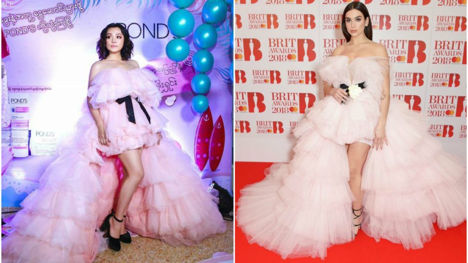 (L) Myanmar actress Phway Phway at the POND’S Summer Promotional Event in Yangon on March 1, 2018. (R) British singer Dua Lipa at the 2018 Brit Awards in London on Feb. 21, 2018.