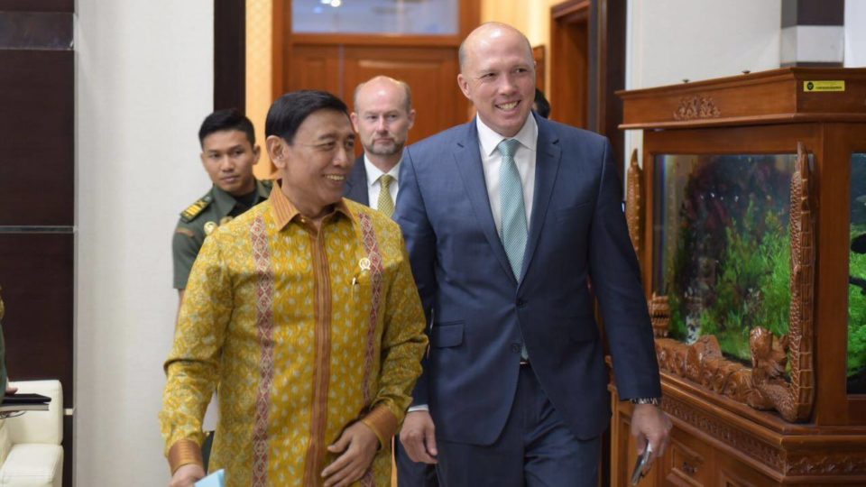 Australia’s Home Affairs Minister Peter Dutton with Indonesia’s Coordinating Minister for Political, Legal and Security Affairs Ret. Gen. Wiranto during Dutton’s visit on March 5, 2018. PHOTO: Facebook/Peter Dutton