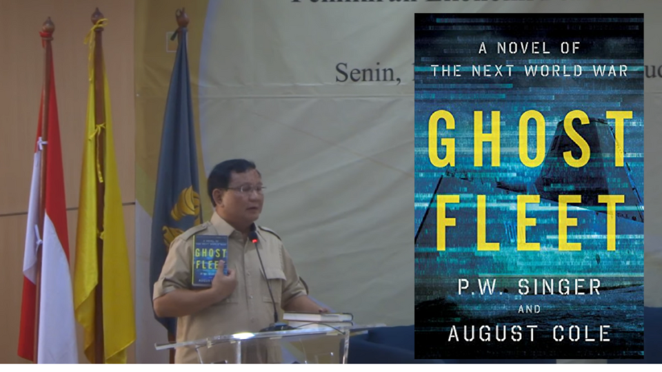 L: Gerindra Chairman Prabowo Subianto holding up a copy of Ghost Fleet while speaking at a seminar entitled “Nasionalisme, Sosialisme, Pragmatisme: Pemikiran Ekonomi Politik Sumitro Djojohadikusumo” at the University of Indonesia on Sept. 18, 2017. R: The cover of Ghost Fleet, published by Eamon Dolan/Mariner Books.