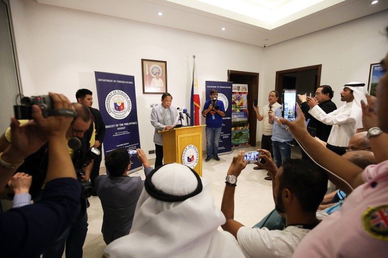 Filipino Ambassador in Kuwait Renato Ovila speaks during a press conference at the Philippines embassy in Kuwait City on April 21, 2018. / AFP PHOTO / YASSER AL-ZAYYAT
