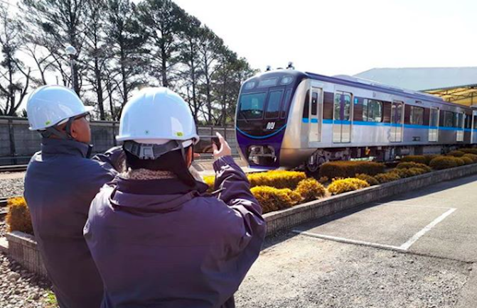 An MRT Jakarta train, constructed by Japanese train manufacturers Nippon Sharyo, photographed in Japan before being shipped to Jakarta. Photo: Instagram/@mrtjkt