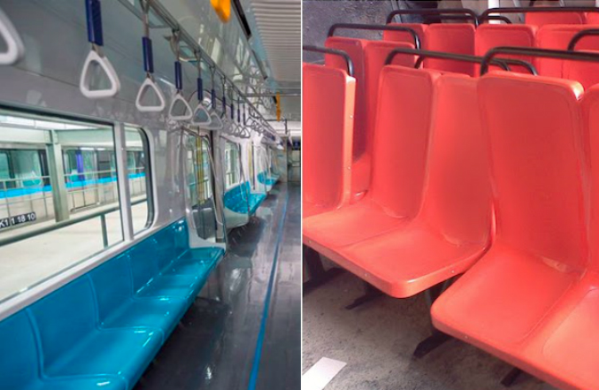 Left: Interior of Jakarta’s MRT. Right: Metromini bus seats.